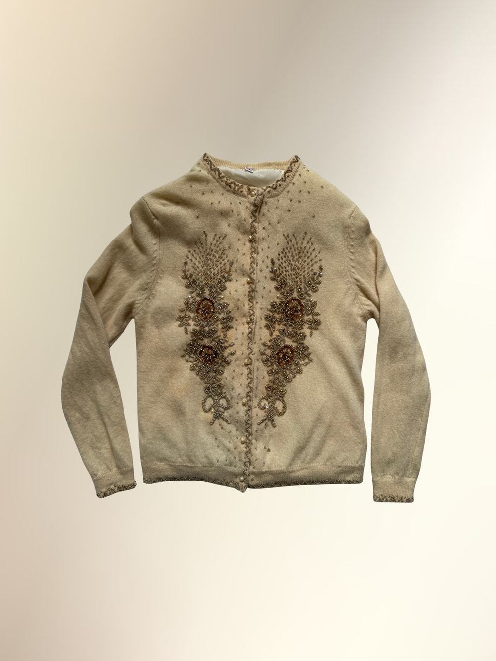 Vintage Cream Beaded Floral Wheat Wool Blend Cardigan Sweater Women's M
